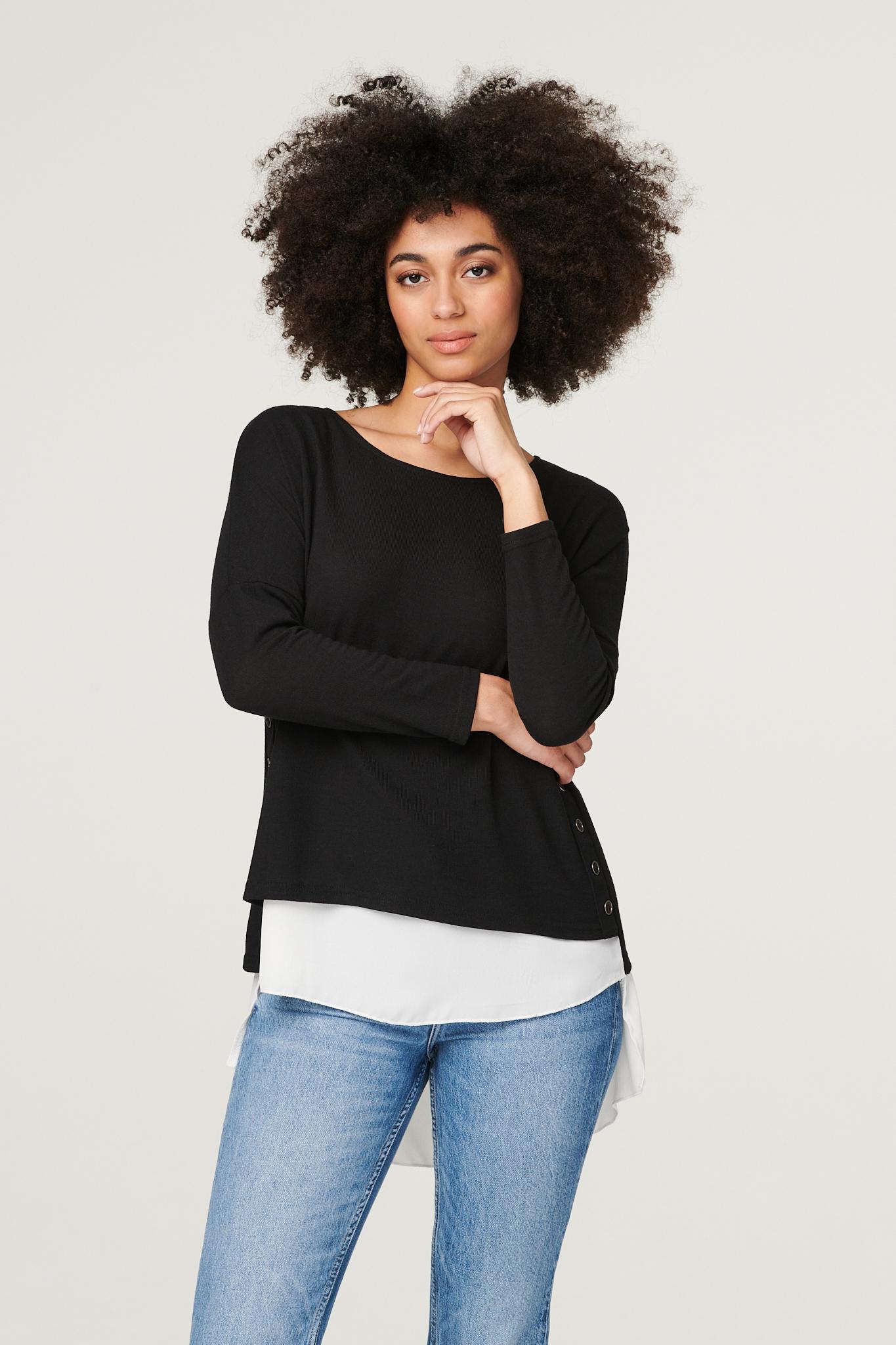 Black | Layered Hem Button Detail Top