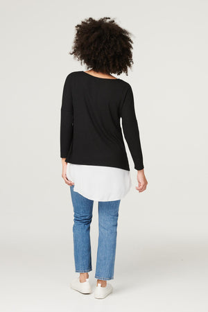 Black | Layered Hem Button Detail Top