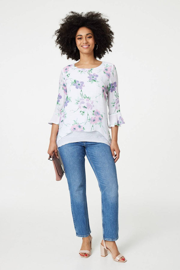 Pink | Floral Layered Hem Blouse Top : Model is 5'9"/175 cm and wears UK8/EU36/US4/AUS8