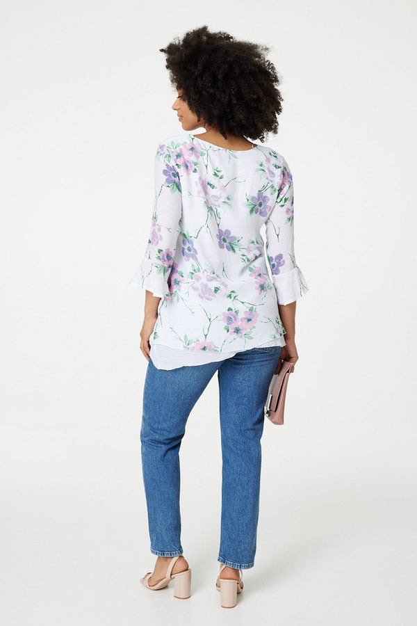 Pink | Floral Layered Hem Blouse Top