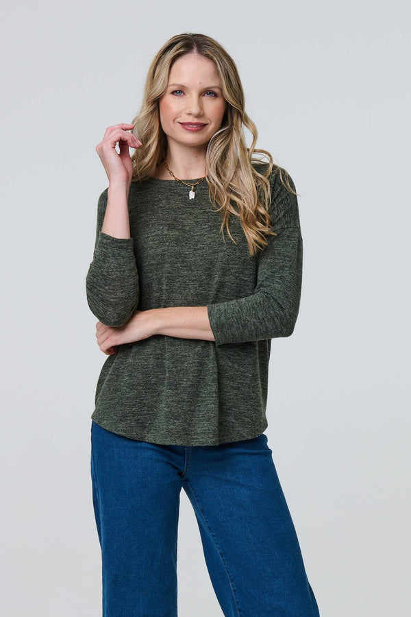 Khaki | Relaxed Boat Neck 3/4 Sleeve Top
