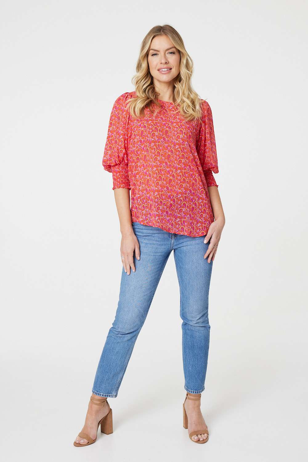 Red | Printed 3/4 Puff Sleeve Blouse