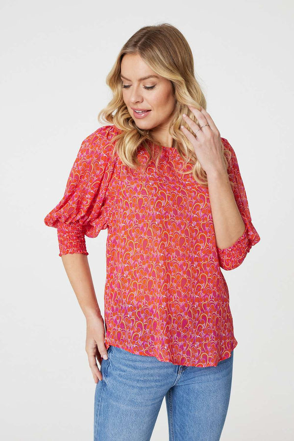 Red | Printed 3/4 Puff Sleeve Blouse