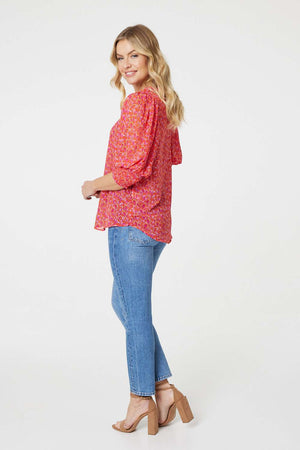 Red | Printed 3/4 Puff Sleeve Blouse
