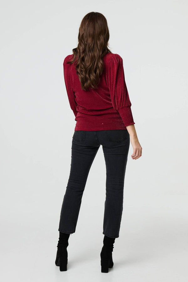 Burgundy | Sparkly 3/4 Puff Sleeve Mesh Top
