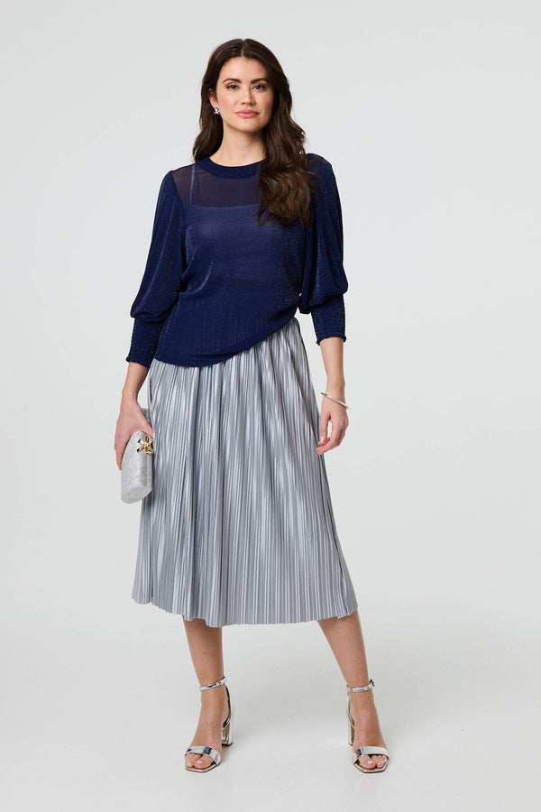 Navy | Sparkly 3/4 Puff Sleeve Mesh Top
