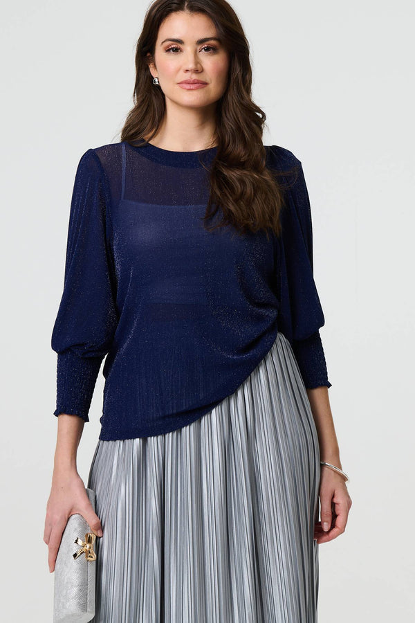 Navy | Sparkly 3/4 Puff Sleeve Mesh Top
