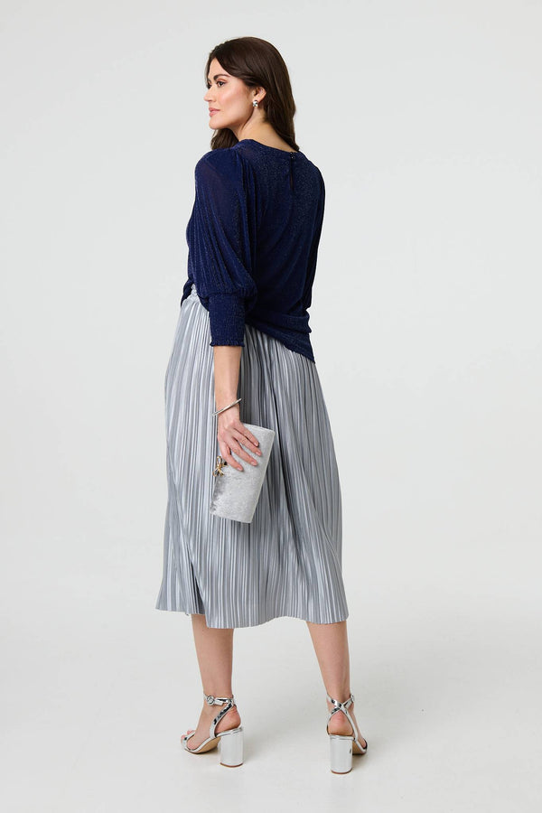 Navy | Sparkly 3/4 Puff Sleeve Mesh Top
