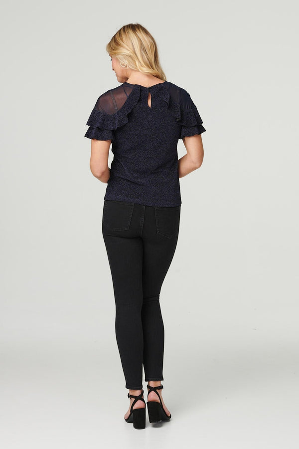 Navy | Sheer Shoulder Frill Sleeve Top