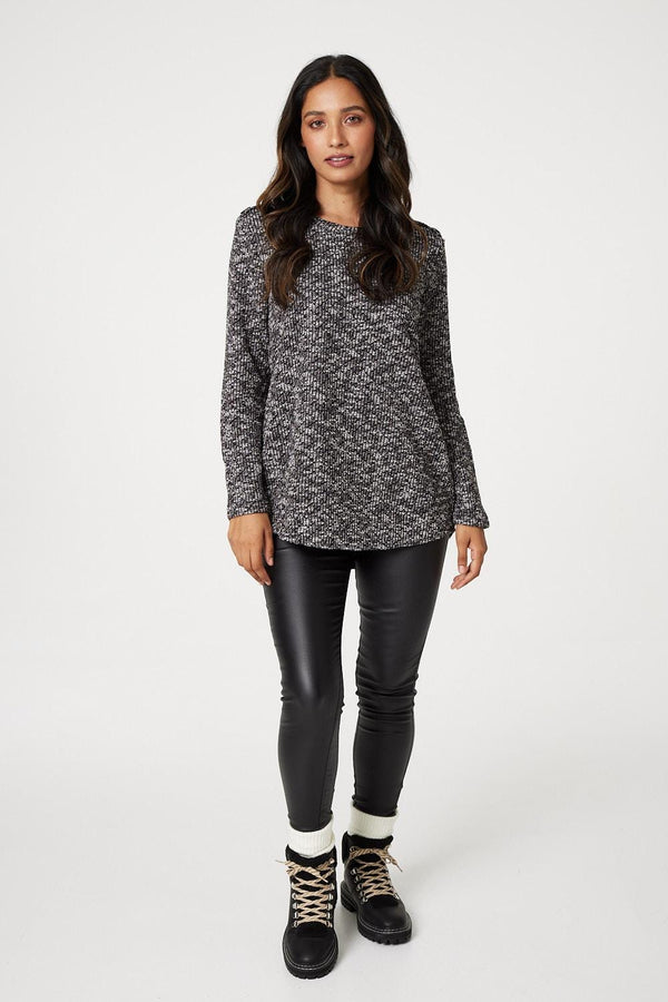 Black | Marled Button Shoulder Ribbed Top