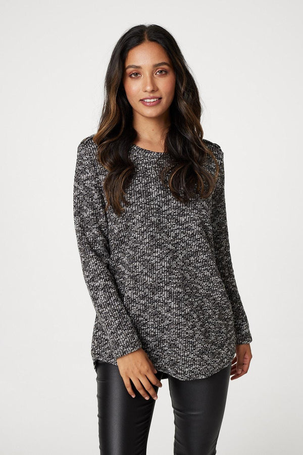 Black | Marled Button Shoulder Ribbed Top