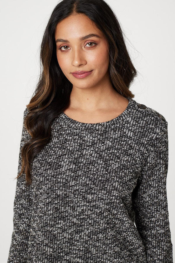 Black | Marled Button Shoulder Ribbed Top