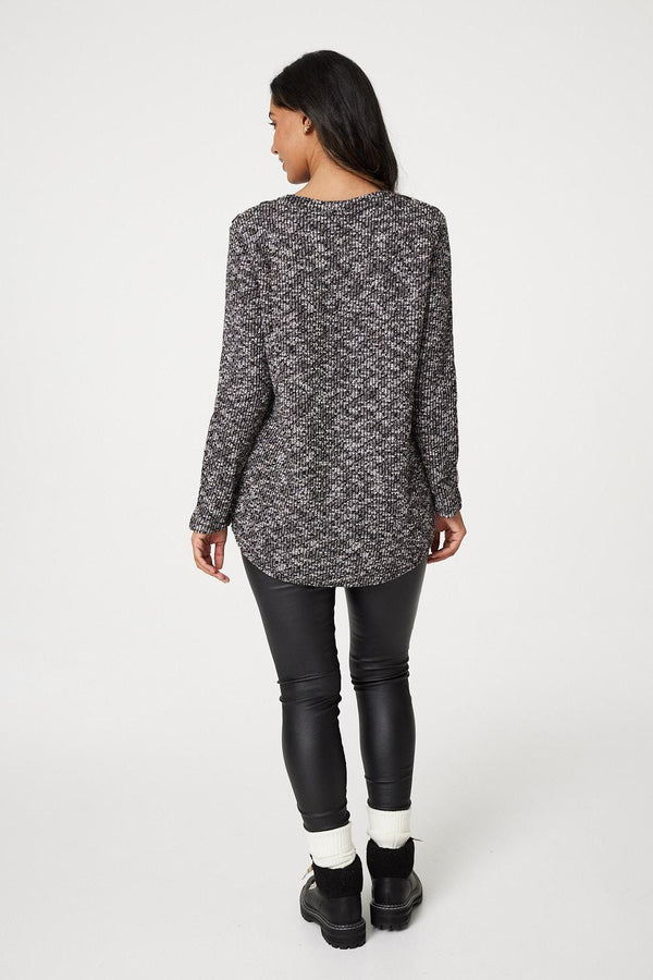 Black | Marled Button Shoulder Ribbed Top