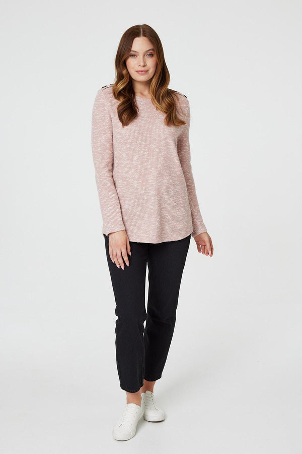 Pink | Marled Button Shoulder Ribbed Top