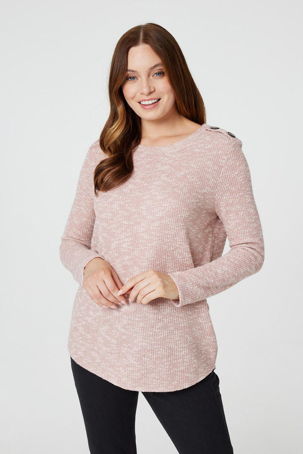 Pink | Marled Button Shoulder Ribbed Top