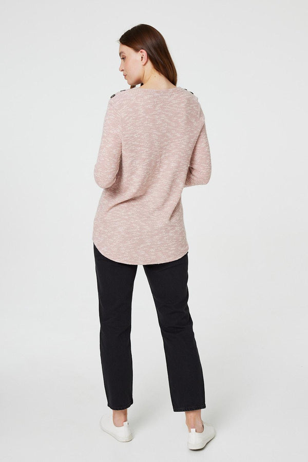 Pink | Marled Button Shoulder Ribbed Top