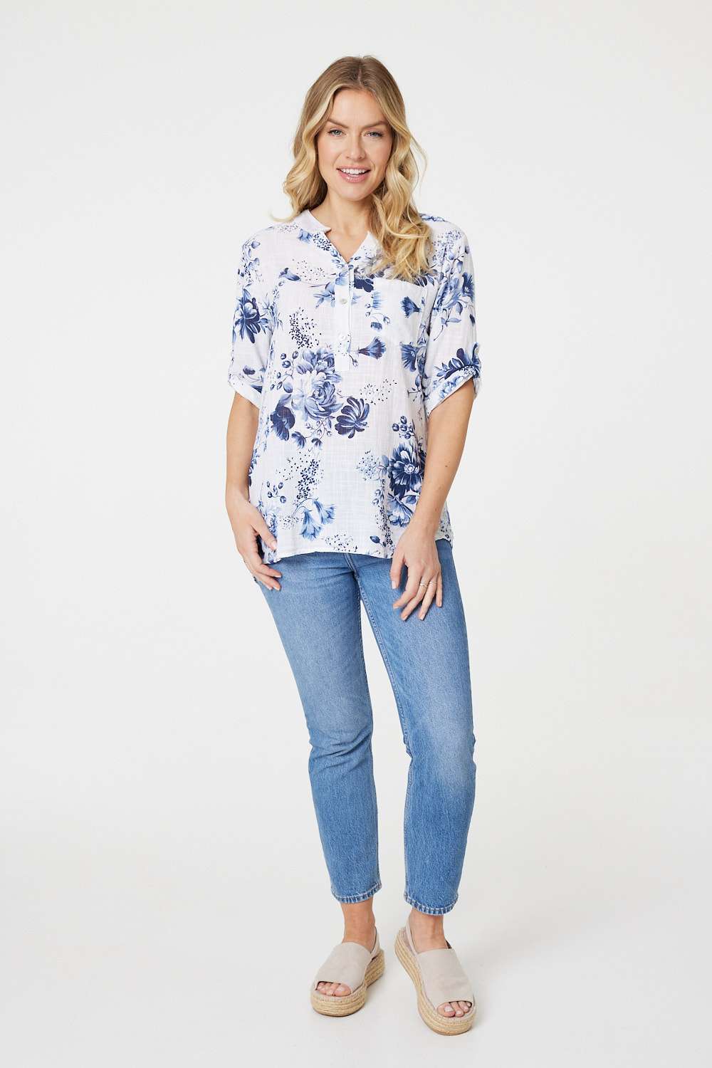 Blue | Floral Roll Sleeve Blouse Top