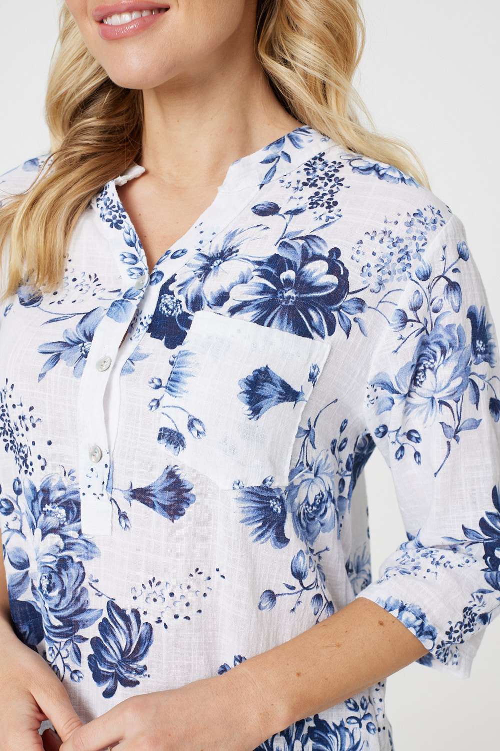 Blue | Floral Roll Sleeve Blouse Top