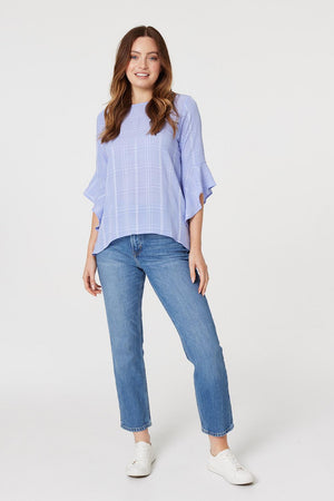 Purple | Checked Flute Sleeve Blouse Top