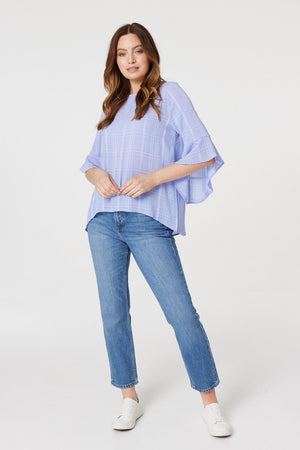 Purple | Checked Flute Sleeve Blouse Top