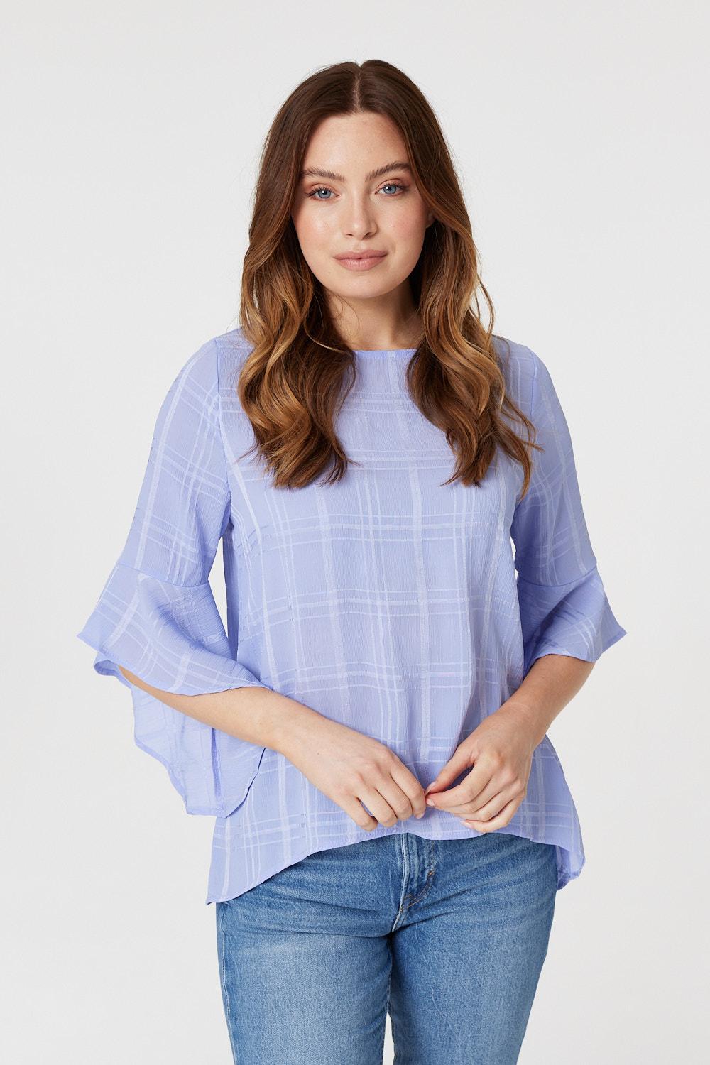Purple | Checked Flute Sleeve Blouse Top