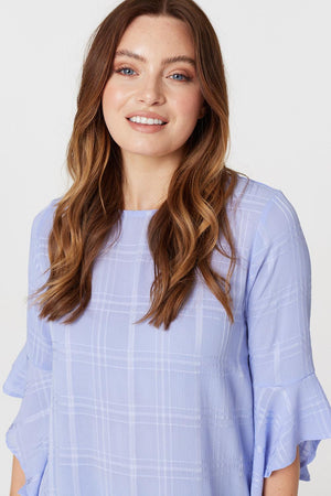 Purple | Checked Flute Sleeve Blouse Top