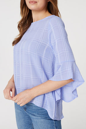 Purple | Checked Flute Sleeve Blouse Top