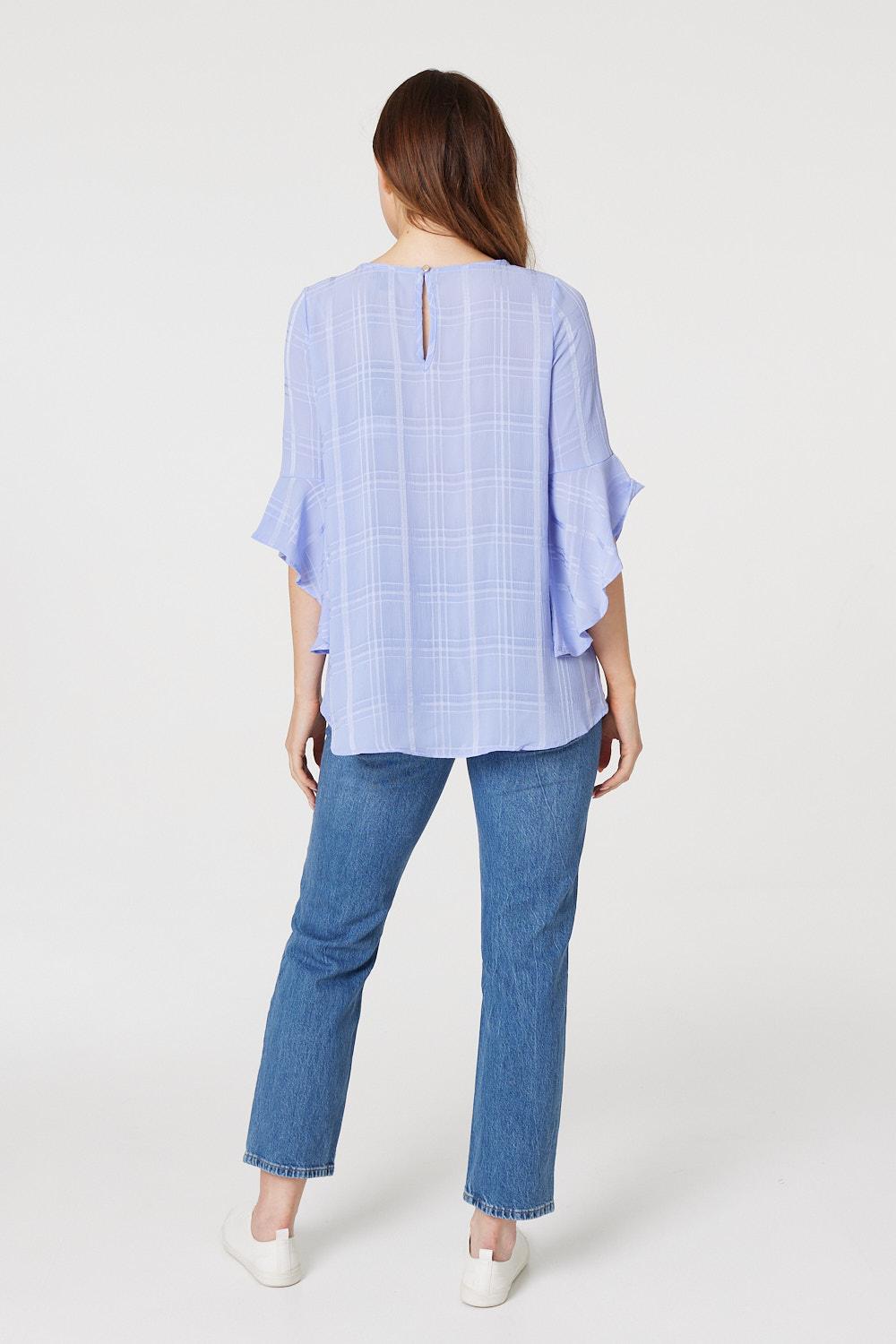 Purple | Checked Flute Sleeve Blouse Top