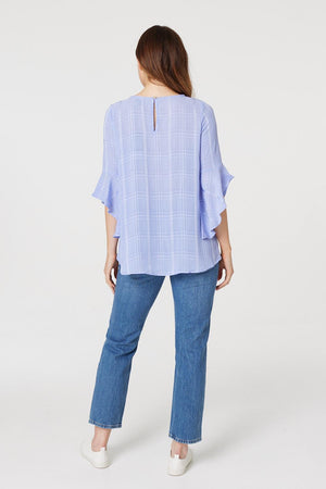Purple | Checked Flute Sleeve Blouse Top