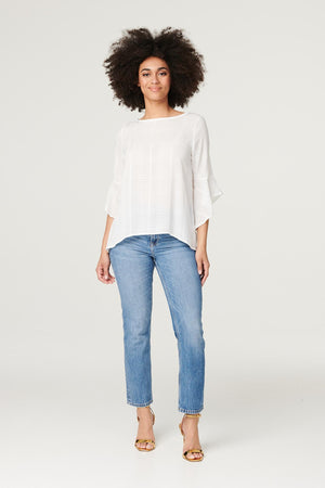 White | Checked Flute Sleeve Blouse Top
