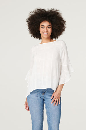 White | Checked Flute Sleeve Blouse Top