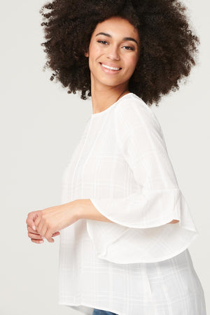 White | Checked Flute Sleeve Blouse Top