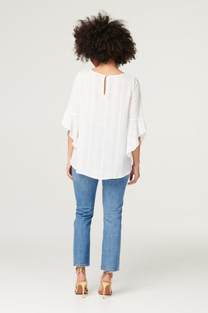 White | Checked Flute Sleeve Blouse Top