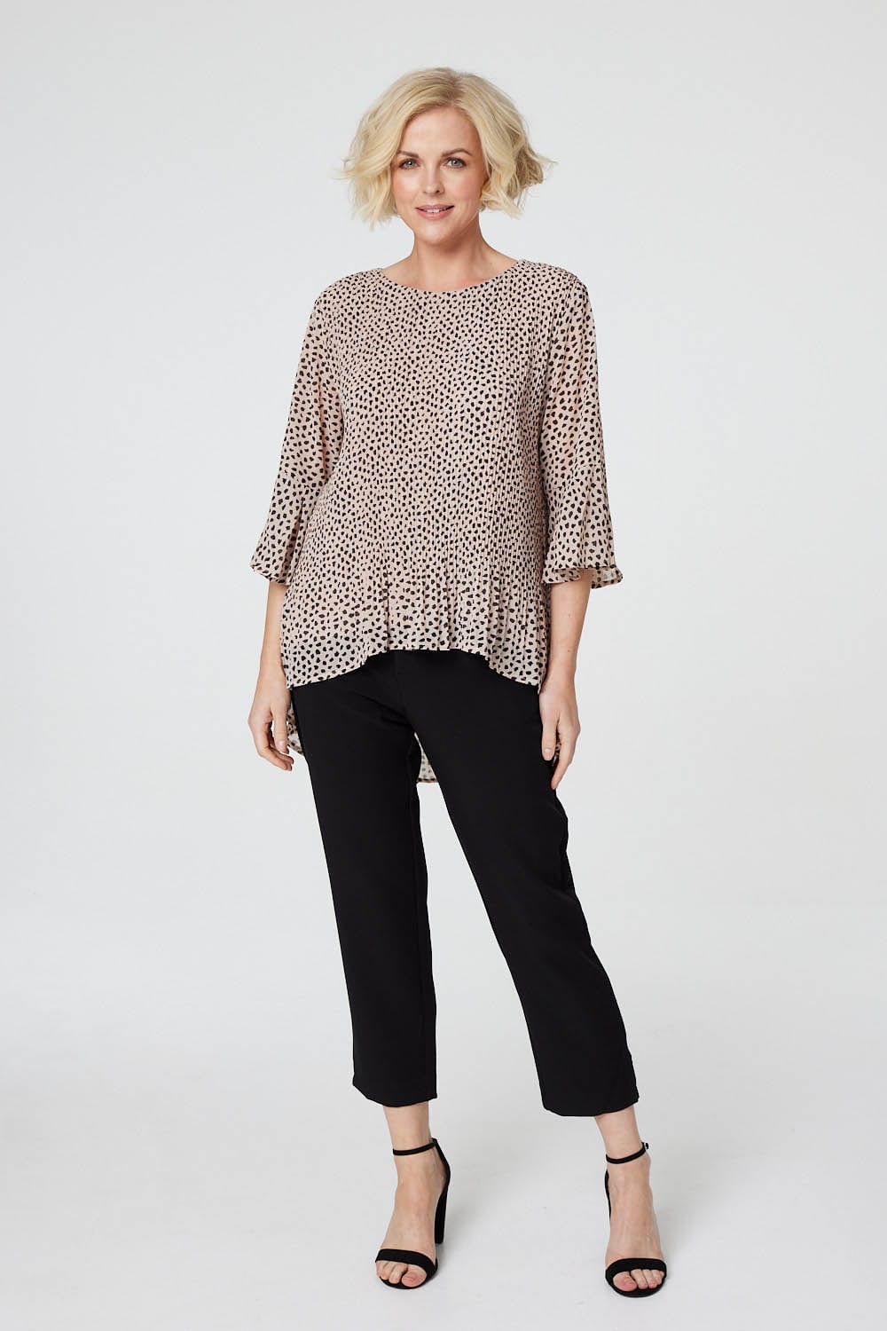 Beige | Polka Dot Pleated Swing Blouse
