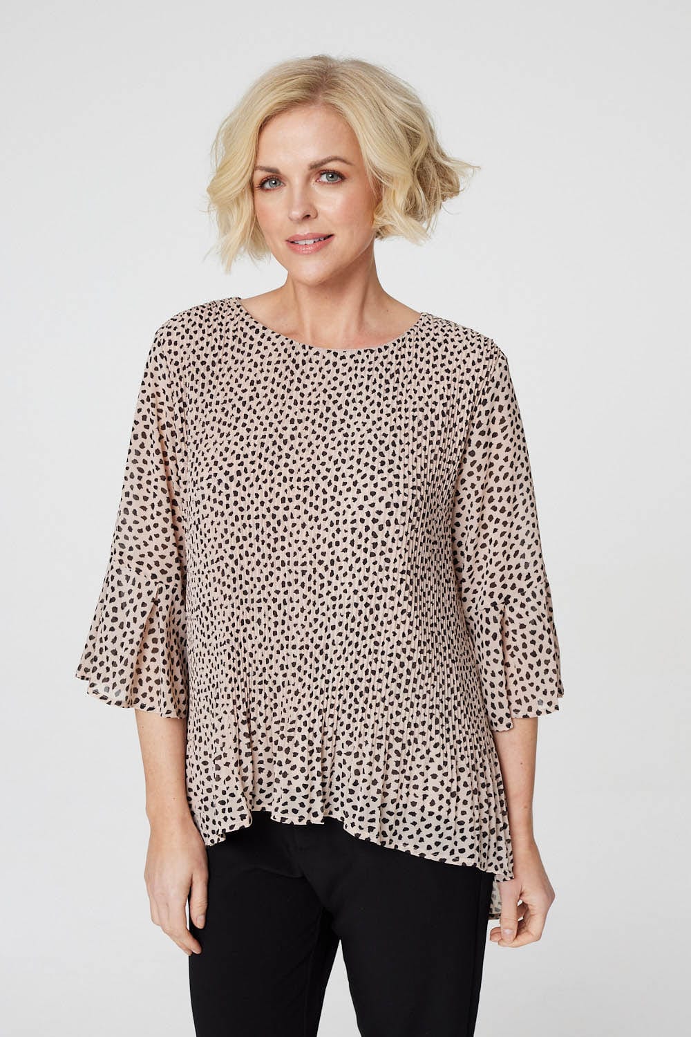 Beige | Polka Dot Pleated Swing Blouse