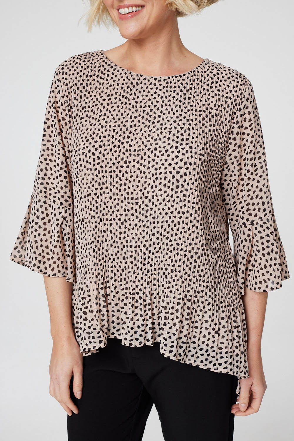 Beige | Polka Dot Pleated Swing Blouse
