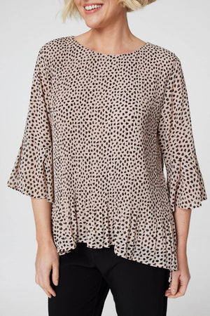 Beige | Polka Dot Pleated Swing Blouse