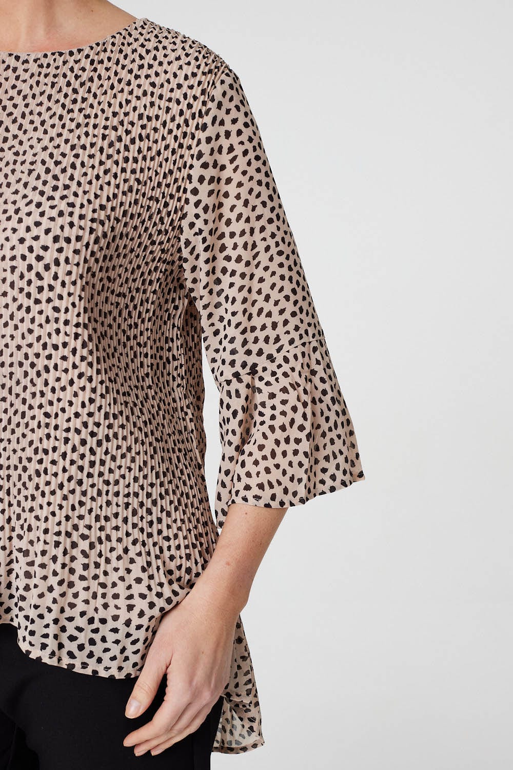 Beige | Polka Dot Pleated Swing Blouse