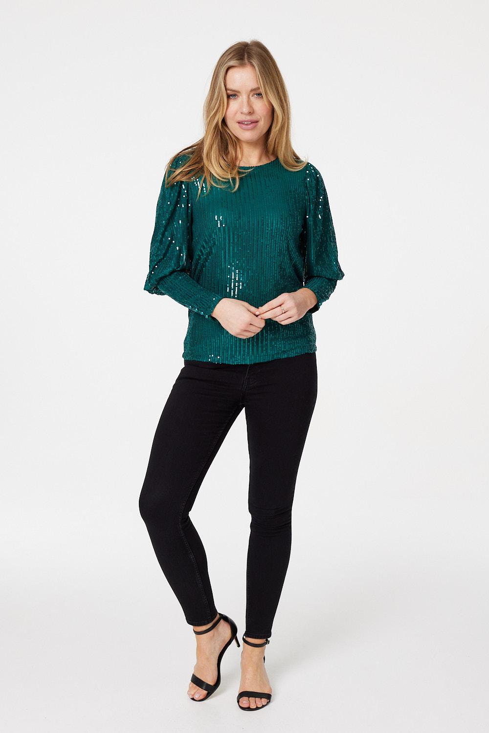 Green | Sequinned Long Puff Sleeve Top