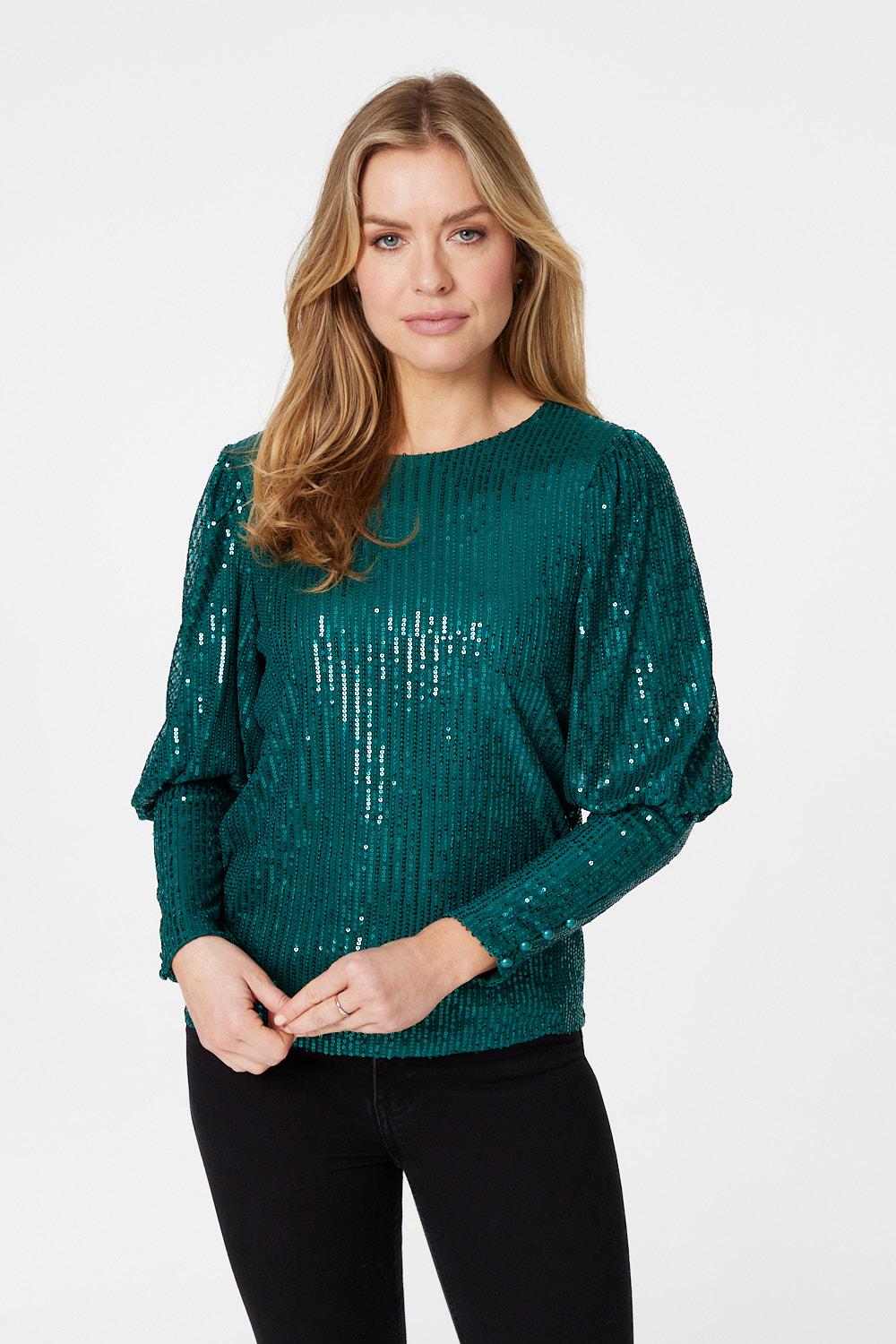 Green | Sequinned Long Puff Sleeve Top : Model is 5'10"/178 cm and wears UK8/EU36/US4/AUS8