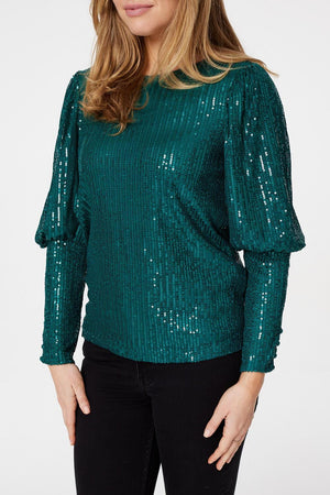 Green | Sequinned Long Puff Sleeve Top
