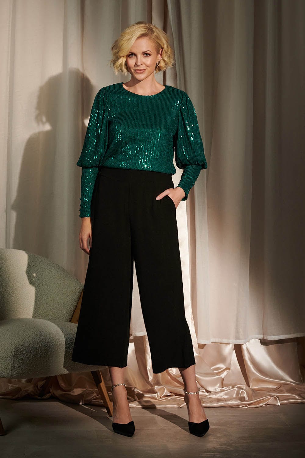 Green | Sequinned Long Puff Sleeve Top : Model is 5'10"/178 cm and wears UK10/EU38/US6/AUS10