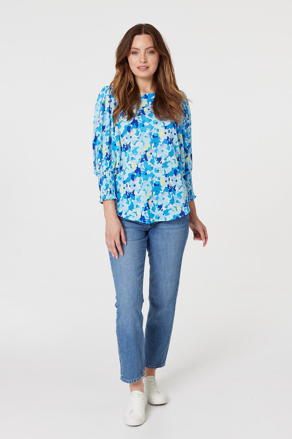 Blue | Floral 3/4 Puff Sleeve Blouse