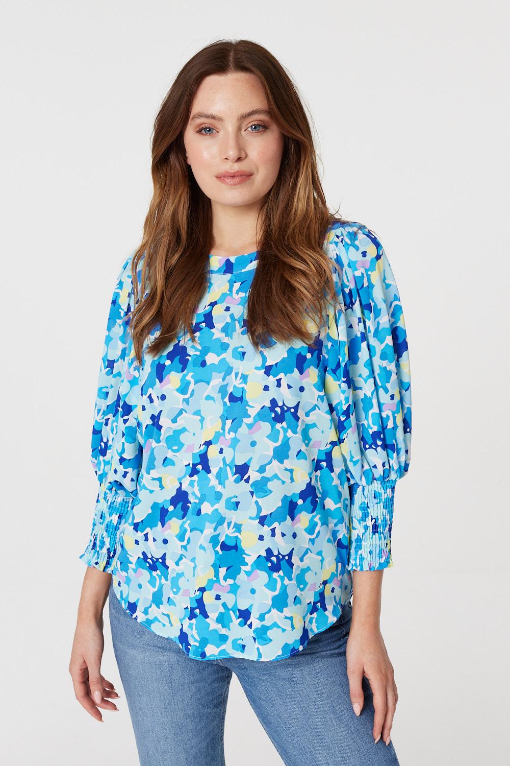 Blue | Floral 3/4 Puff Sleeve Blouse