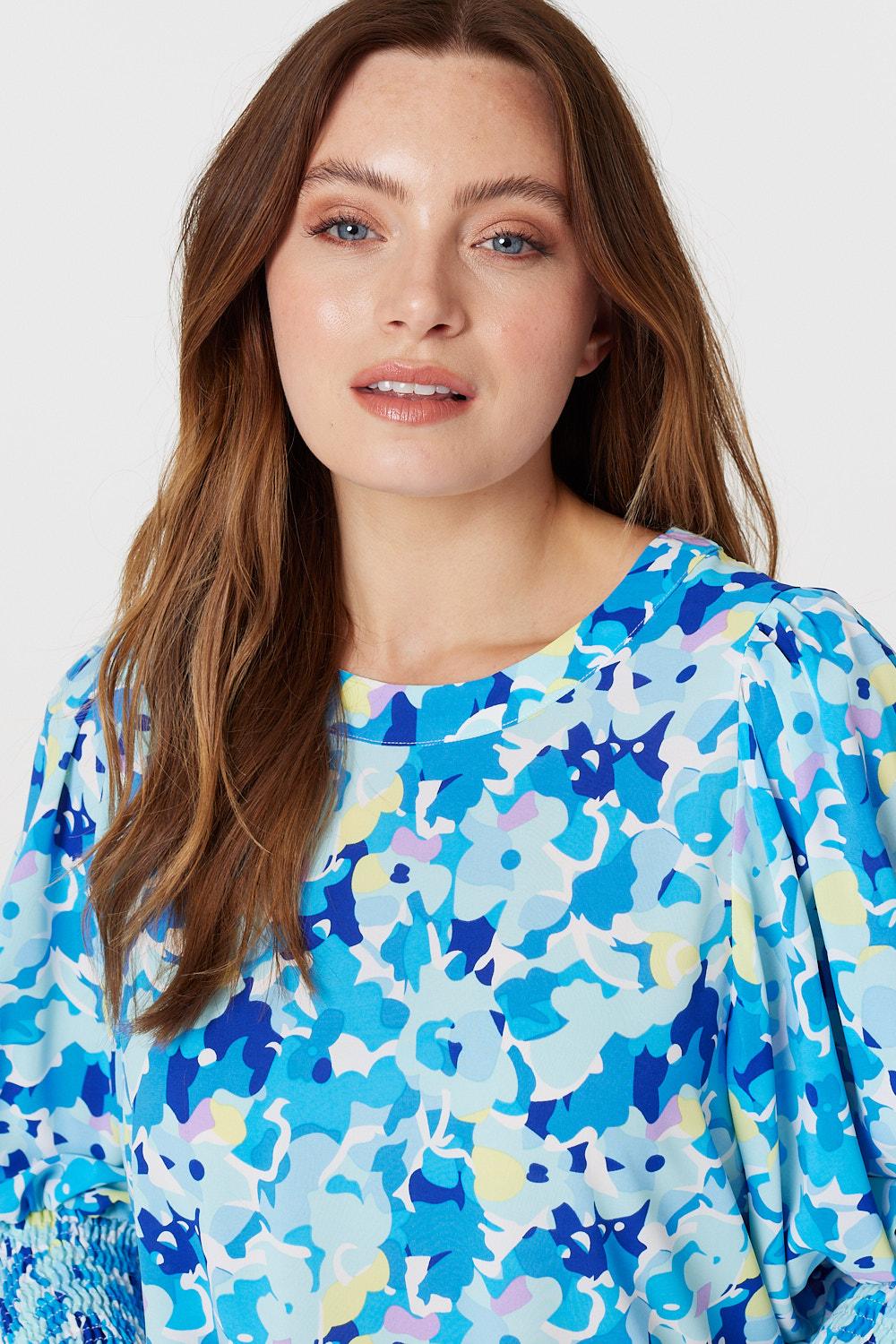 Blue | Floral 3/4 Puff Sleeve Blouse