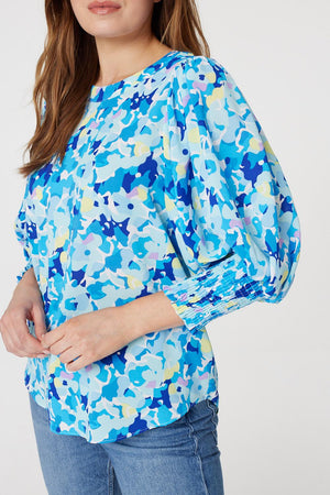 Blue | Floral 3/4 Puff Sleeve Blouse