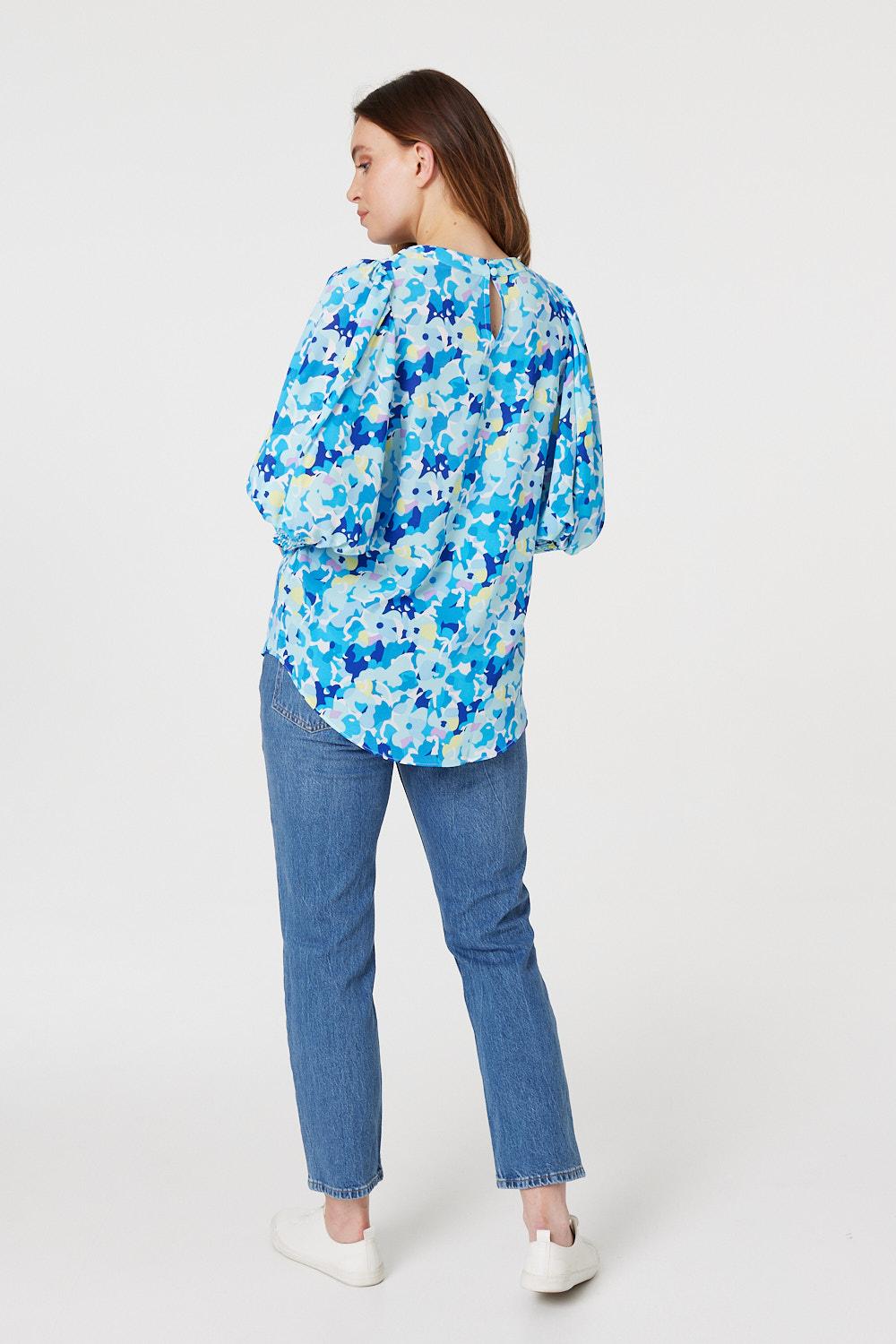 Blue | Floral 3/4 Puff Sleeve Blouse