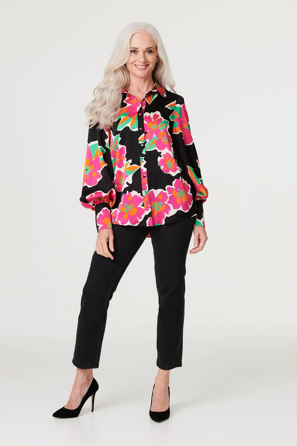 Black | Floral Long Puff Sleeve Blouse