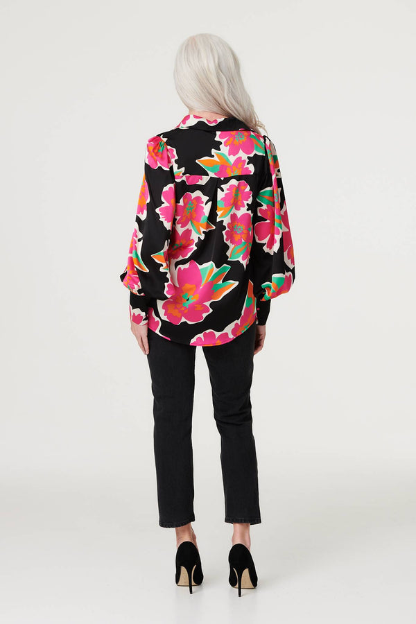 Black | Floral Long Puff Sleeve Blouse