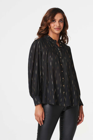 Black | Frilled Neck Button Front Blouse : Model is 5'10"/178 cm and wears UK8/EU36/US4/AUS8